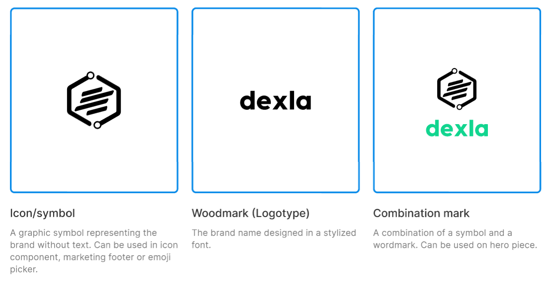 Brand assets at day one: icon, wordmark, and combination mark variants of the Dexla logo