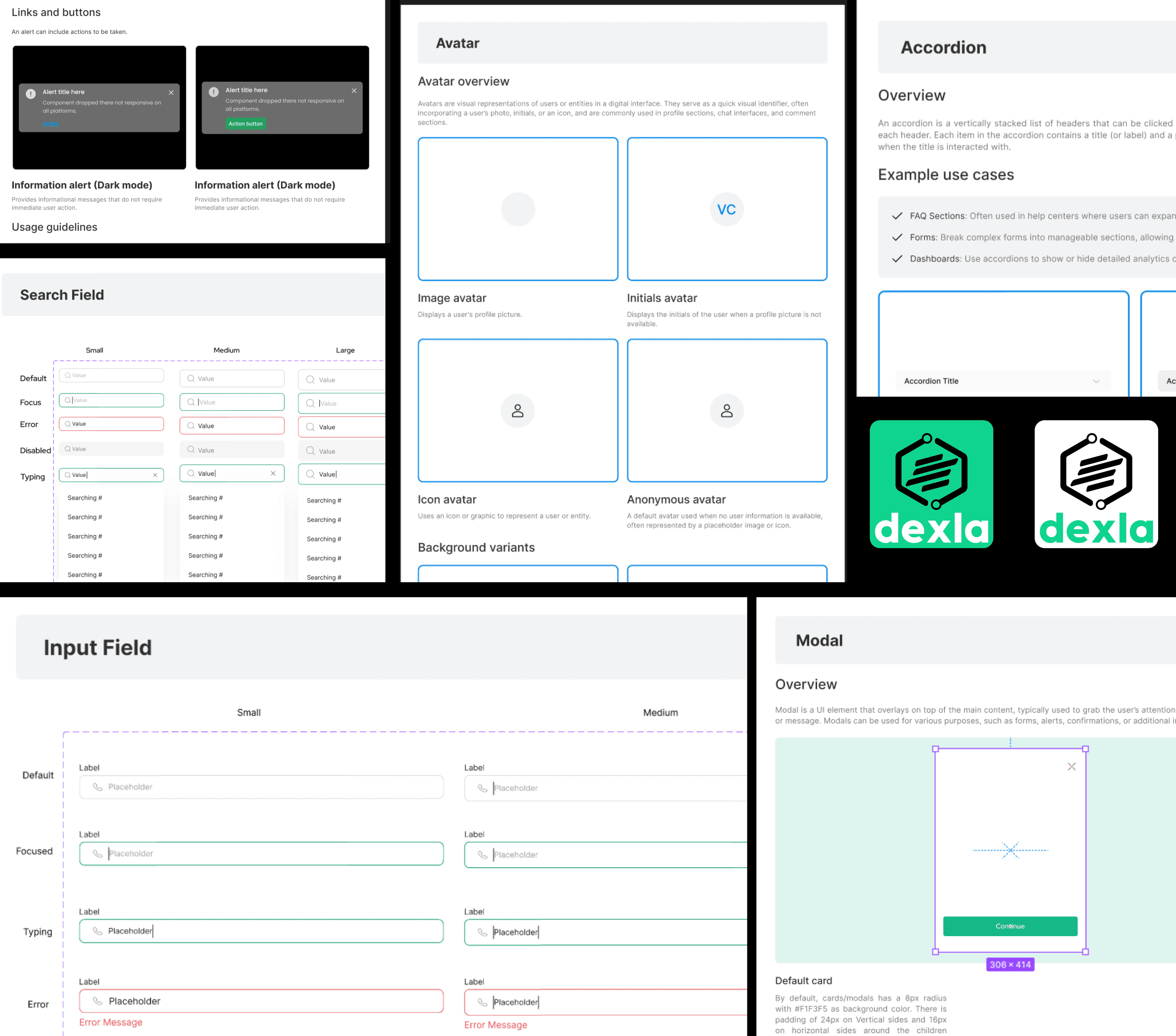 Component library documentation: avatar variants, search field, input field, accordion, and modal pages