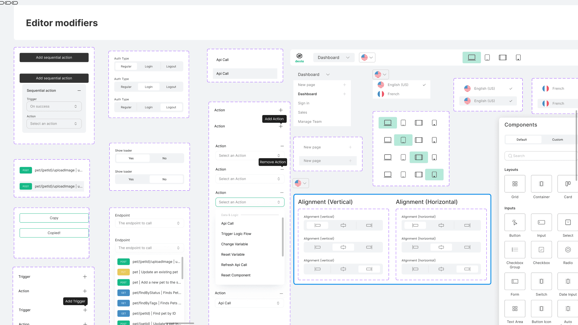 No-code editor surfaces: action modifiers, alignment controls, language switcher, and component drawer