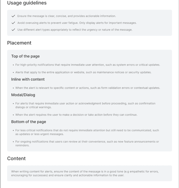 Alert component documentation page covering usage guidelines, placement, and content rules