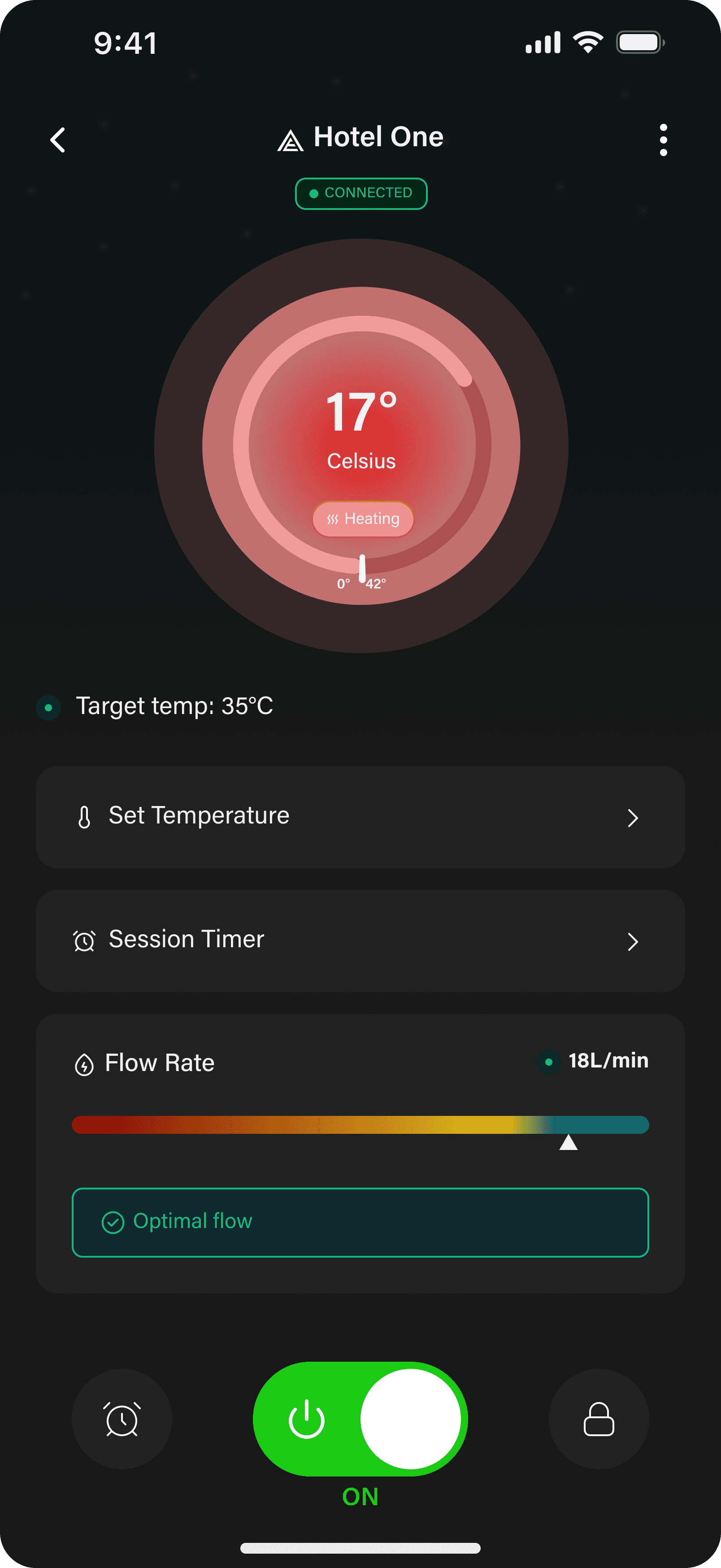 Home screen, heating state with red dial ring