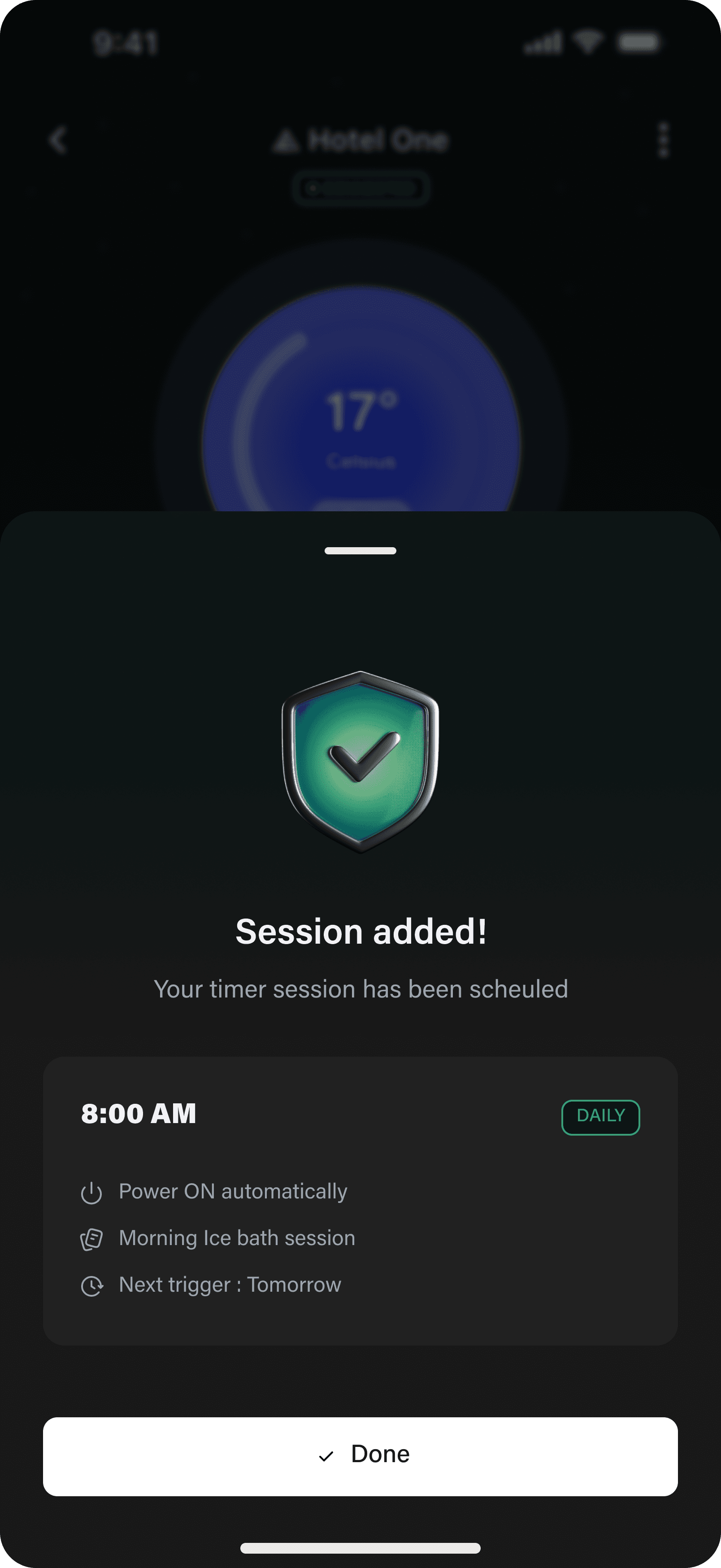 Schedule added confirmation with shield mark and next-trigger summary