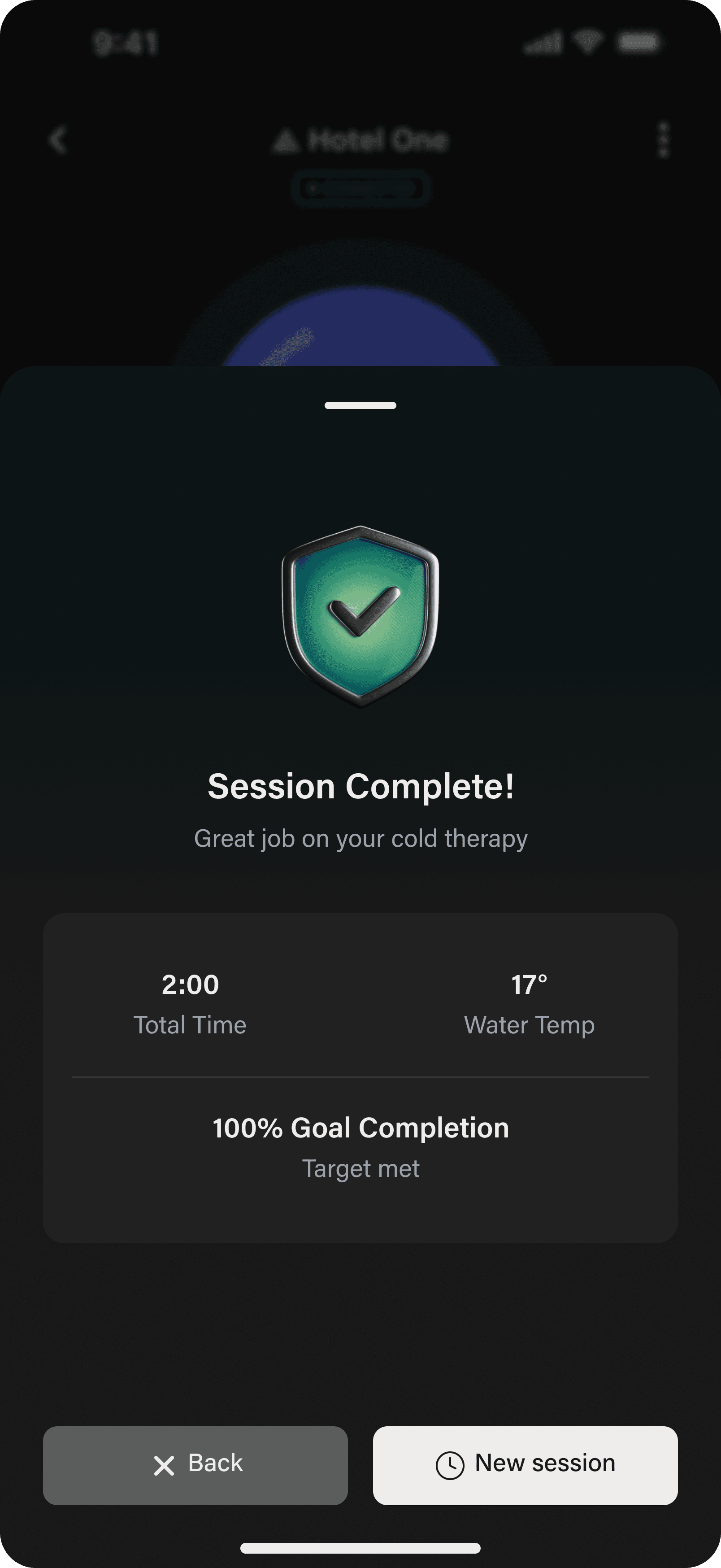 Session complete summary with total time, water temperature, and goal completion