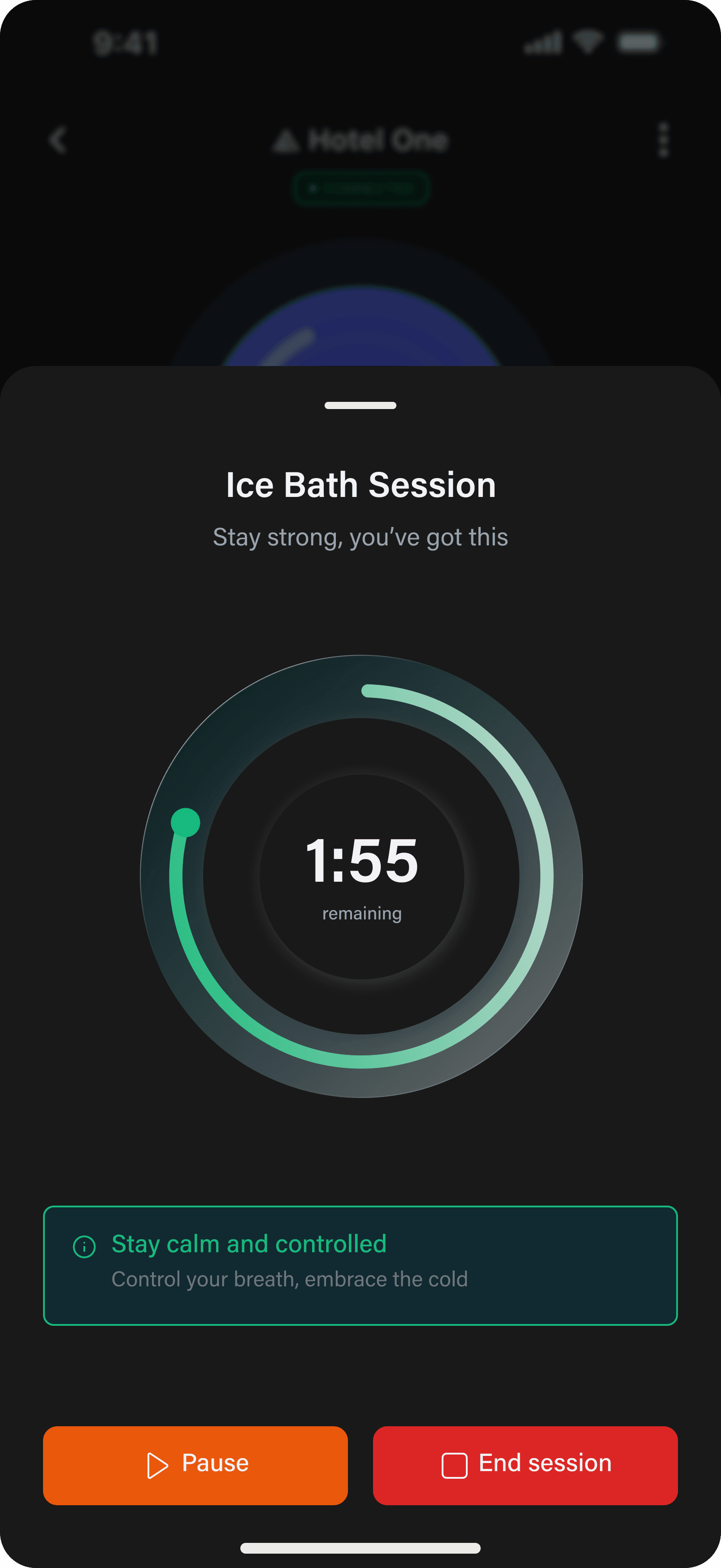 Active ice bath session with green countdown and breathing guidance