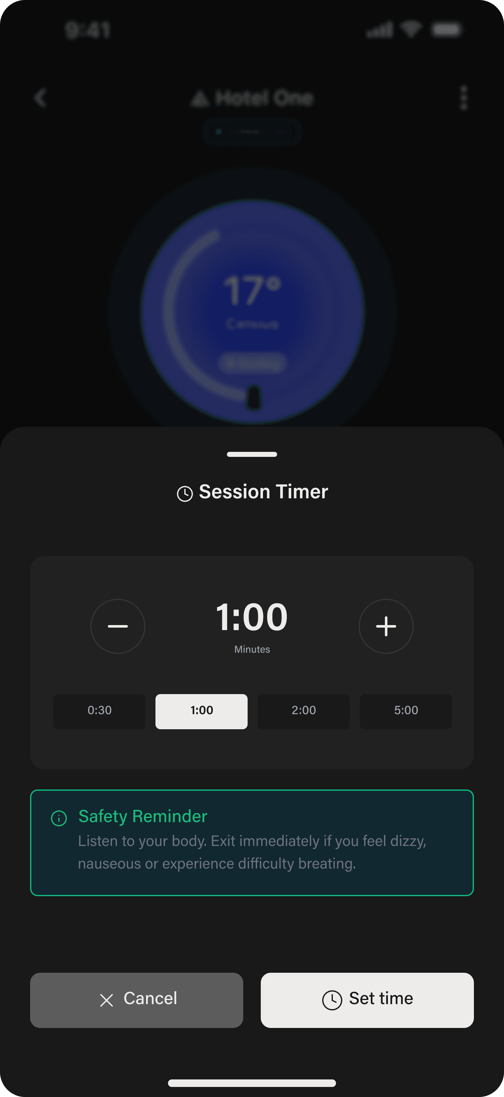 Session timer setup with preset durations and safety reminder