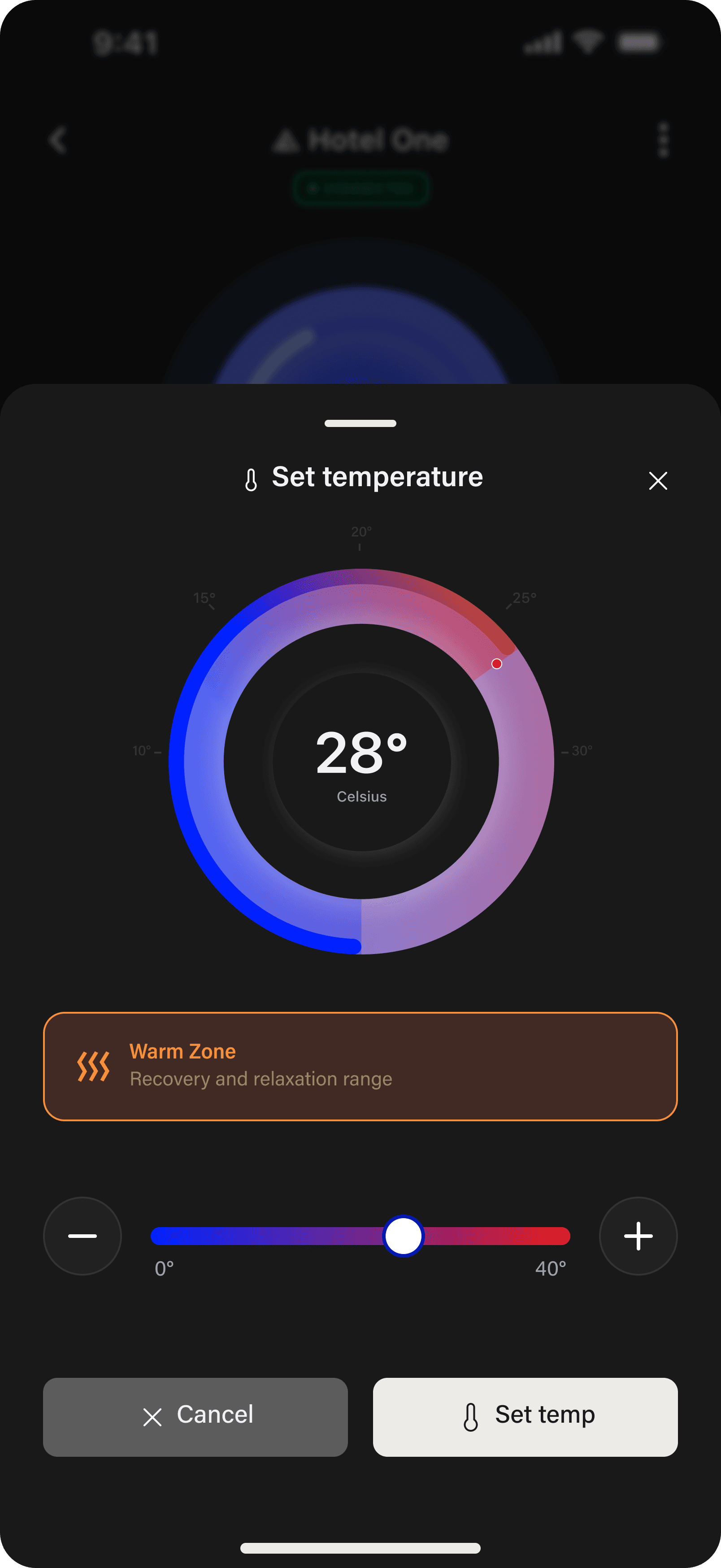 Set temperature sheet in warm zone with red dial gradient