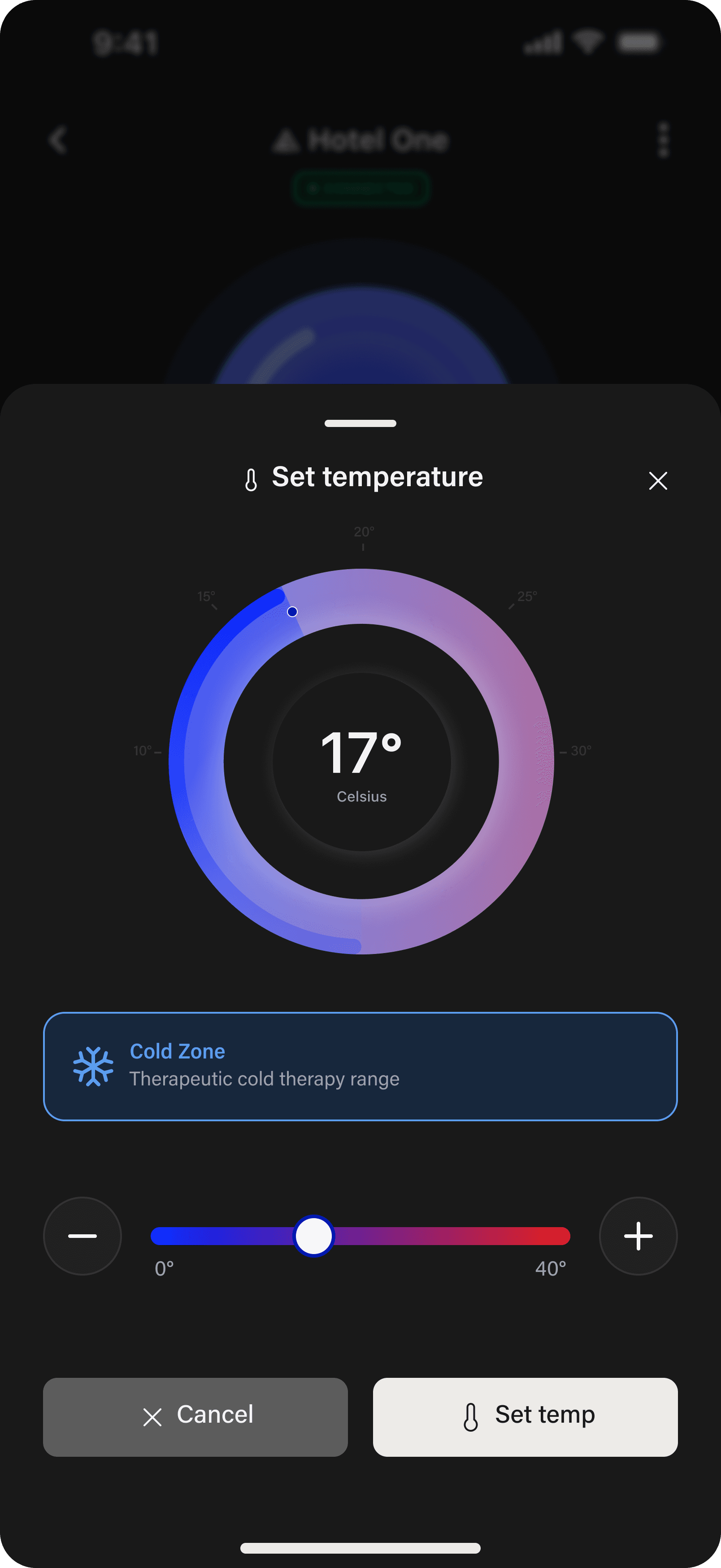 Set temperature sheet in cold zone with blue dial gradient