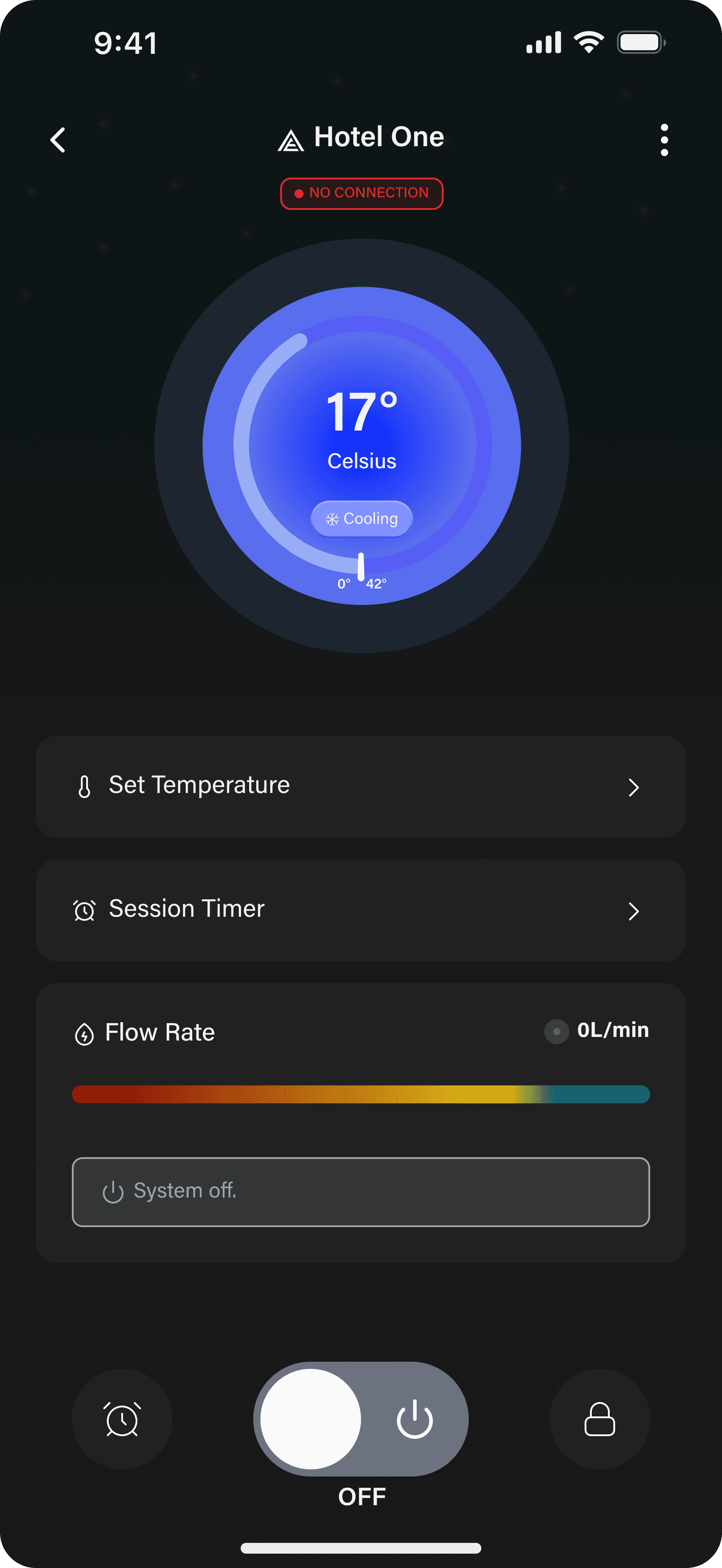 Home screen, no connection state with red status badge