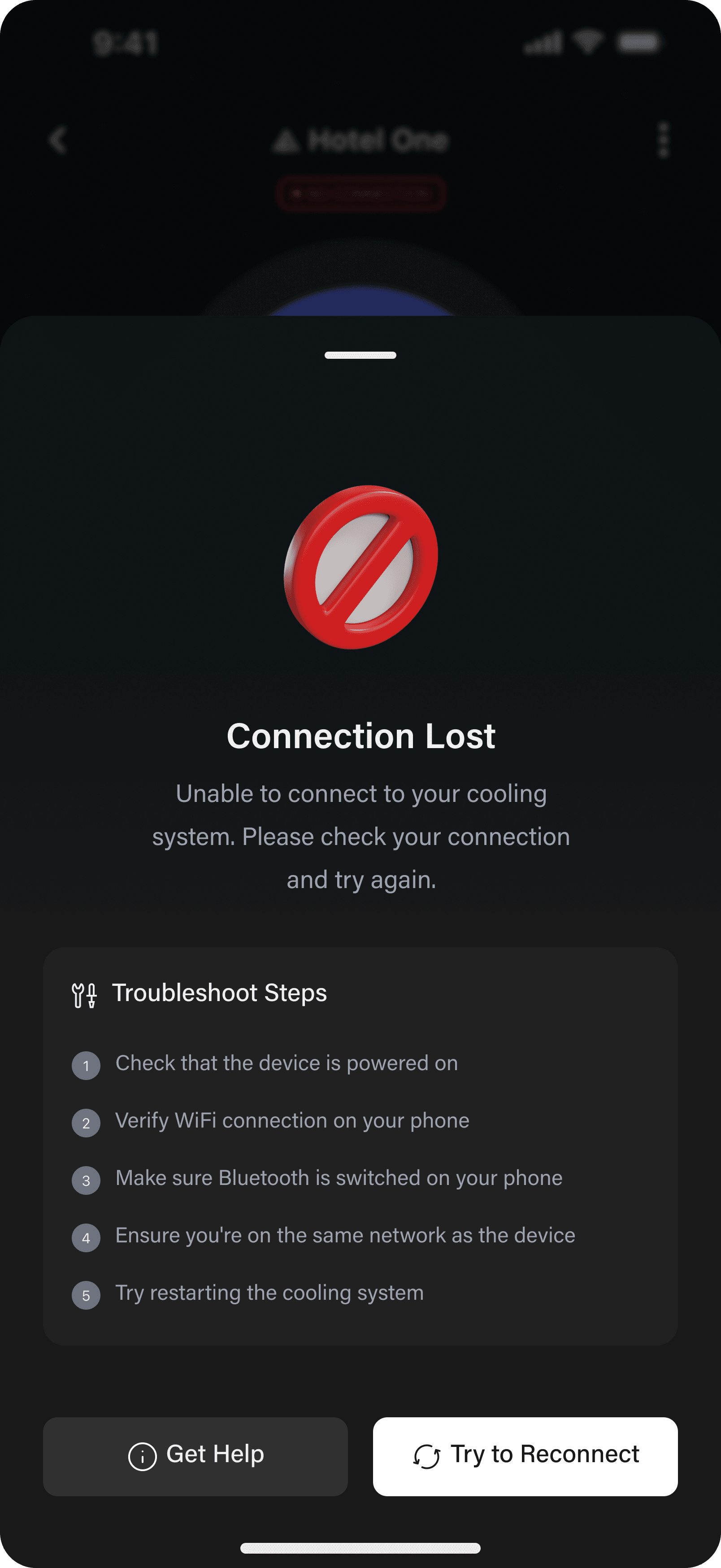 Connection lost sheet with five-step troubleshoot checklist