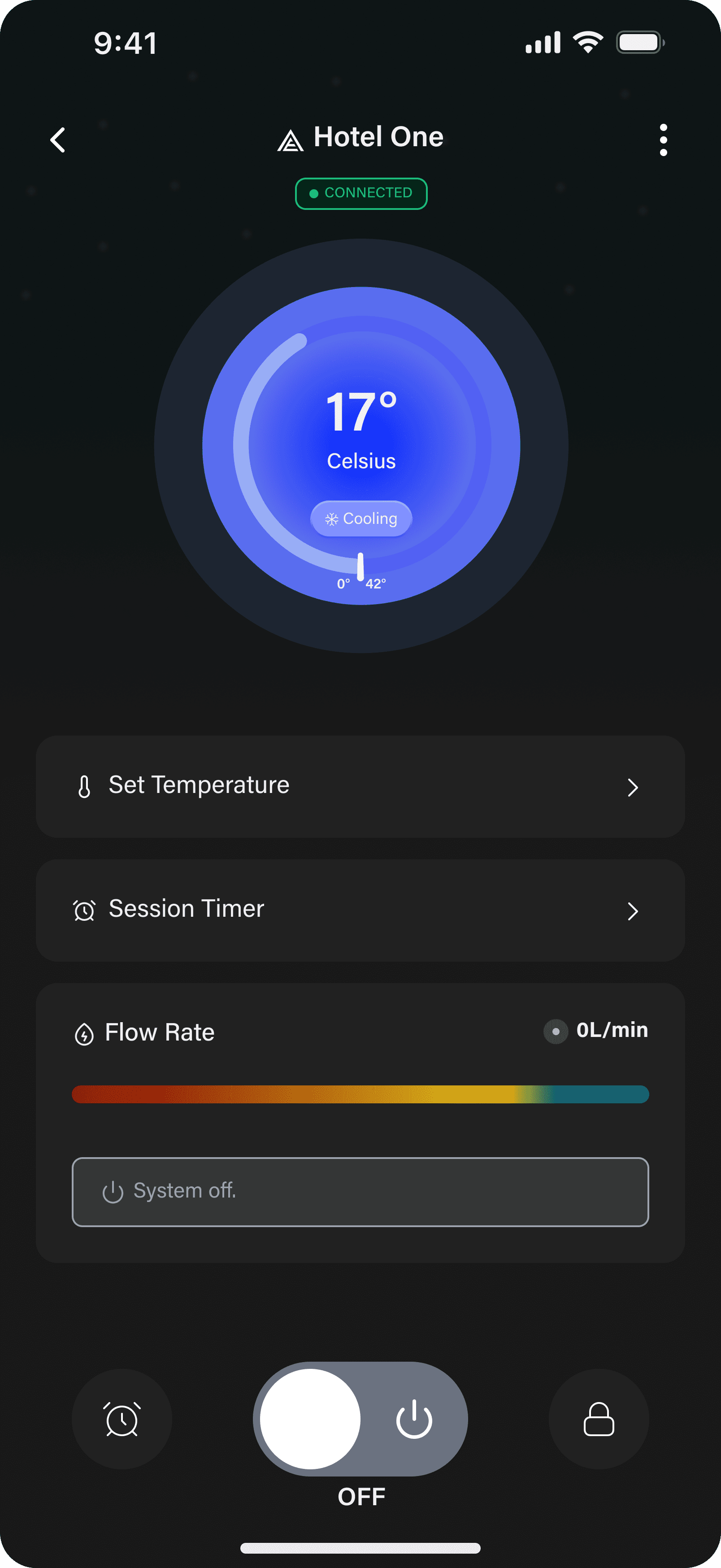 Home screen, system off state, power toggle in off position