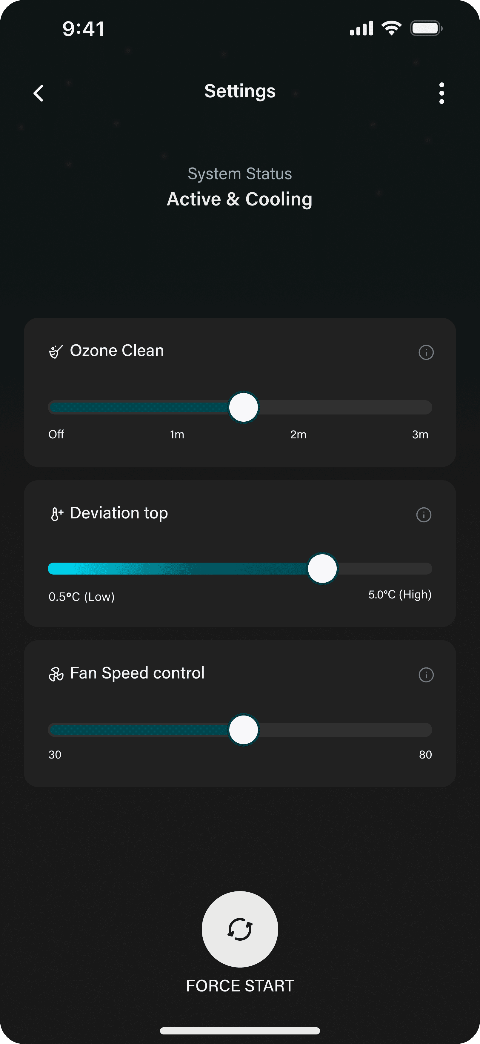 Settings screen with ozone clean, deviation tolerance, and fan speed sliders