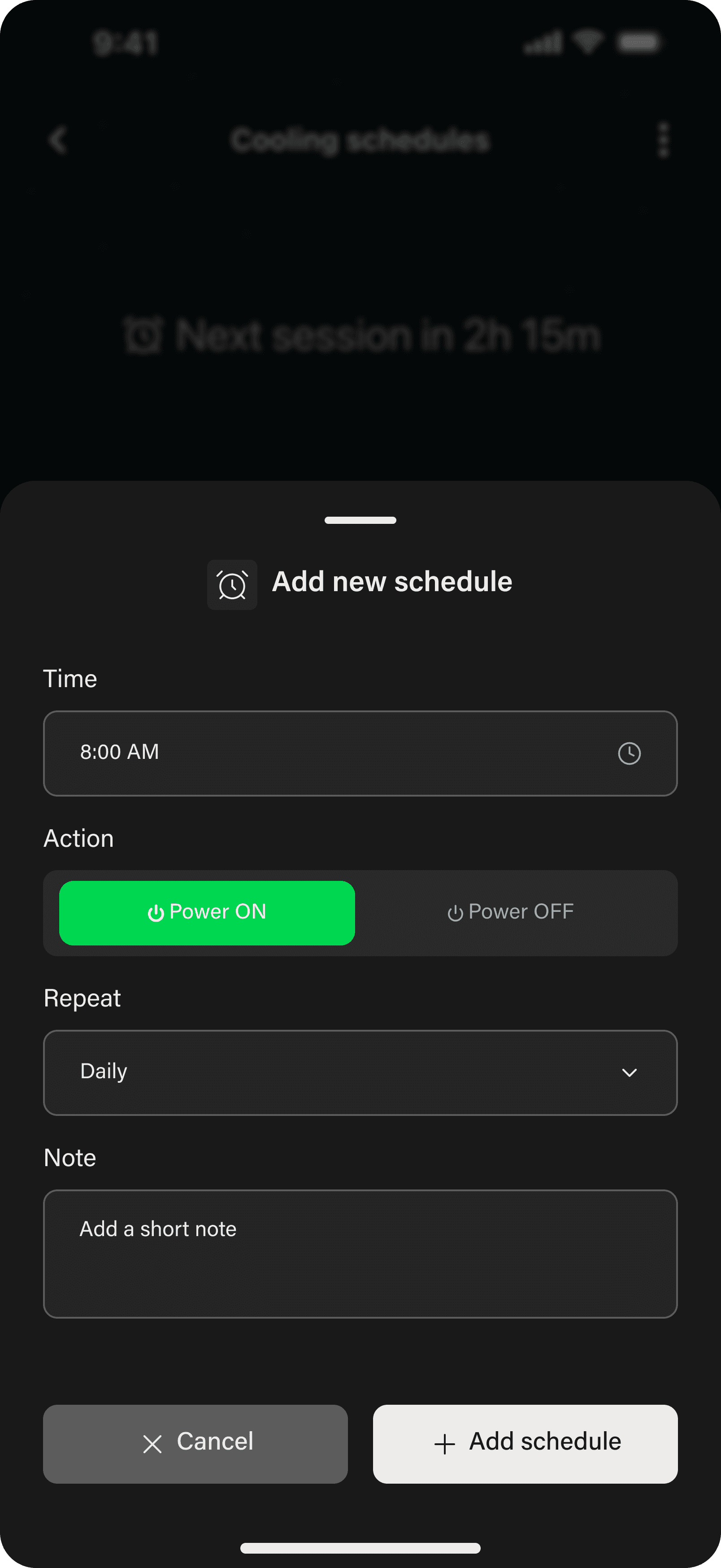 Add new schedule sheet, Power ON selected