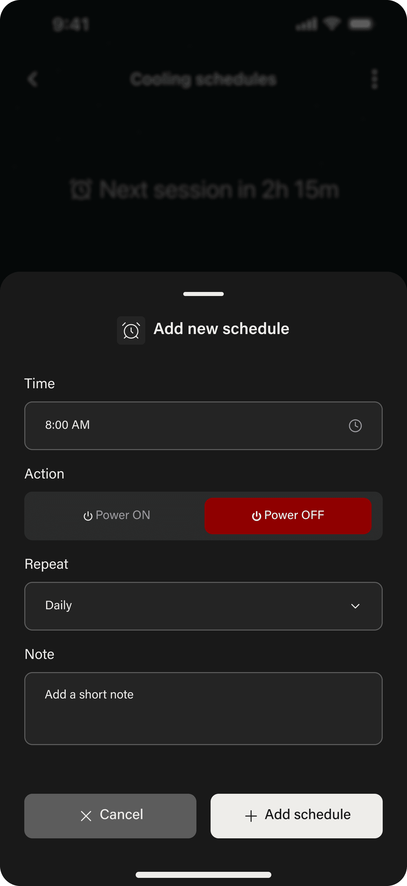 Add new schedule sheet, Power OFF selected