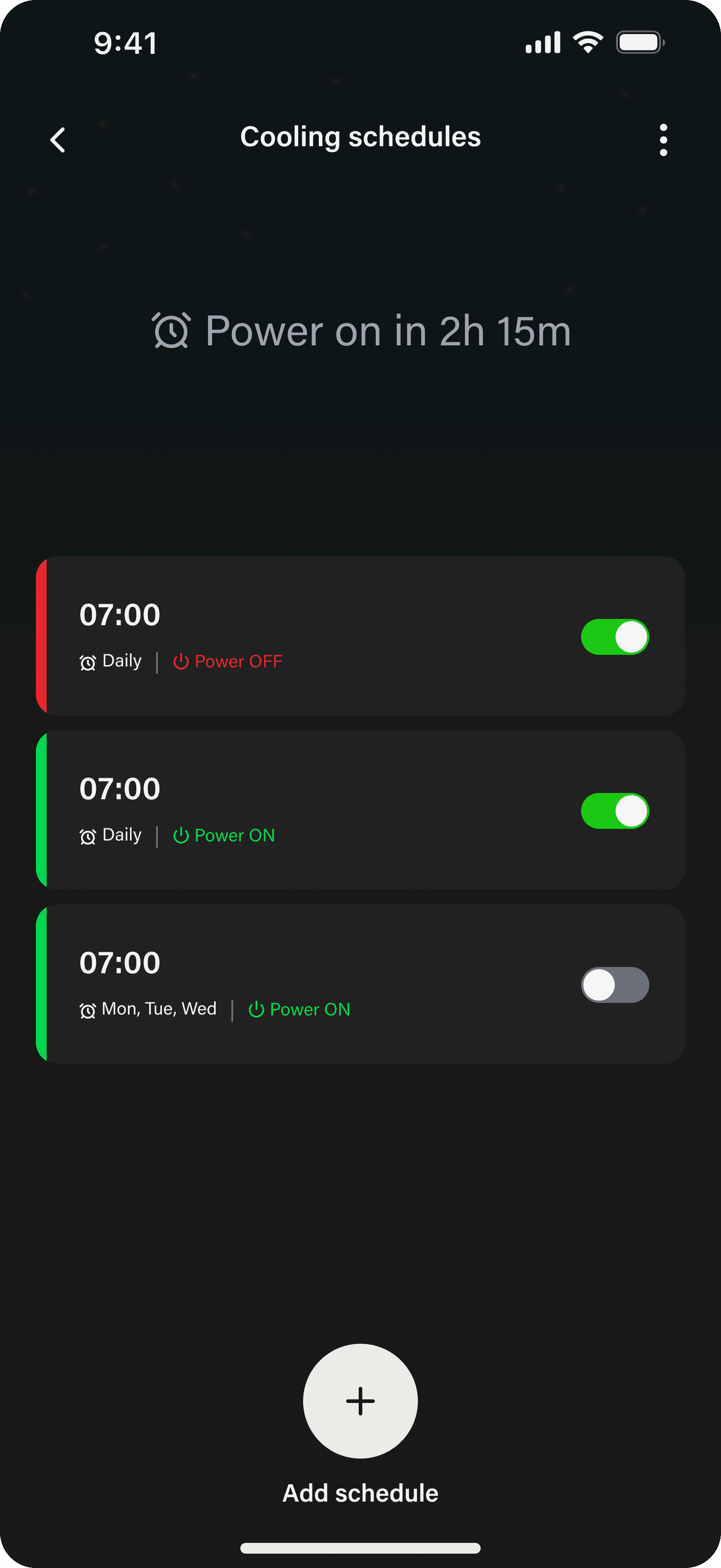 Cooling schedule list with coloured left edges per timer